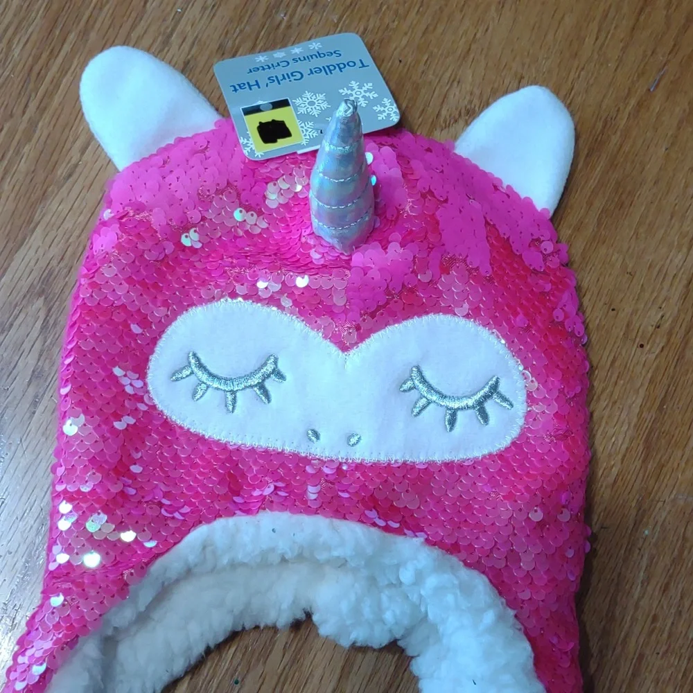 Unicorn sequin Critter warm fuzzy hat toddler girl NEW!